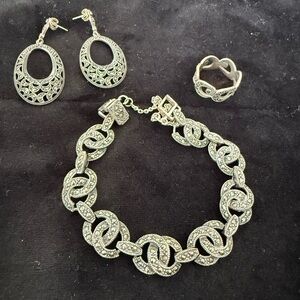 Vintage Sterling Silver Rhinestone Marcasite Bracelet, oval earrings, & ring set